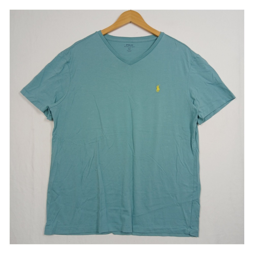Polo Ralph Lauren Blue V-Neck T-Shirt Yellow Pony Logo Large